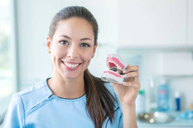 dentist smiling and holding denture model