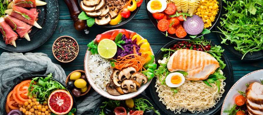 Variety of colorful food dishes